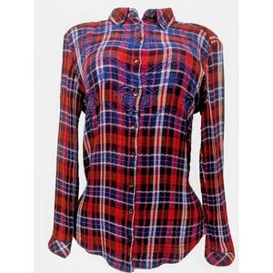 Free People Magical Plaid Red Blue Embroidered Button Down Shirt Women's Size L